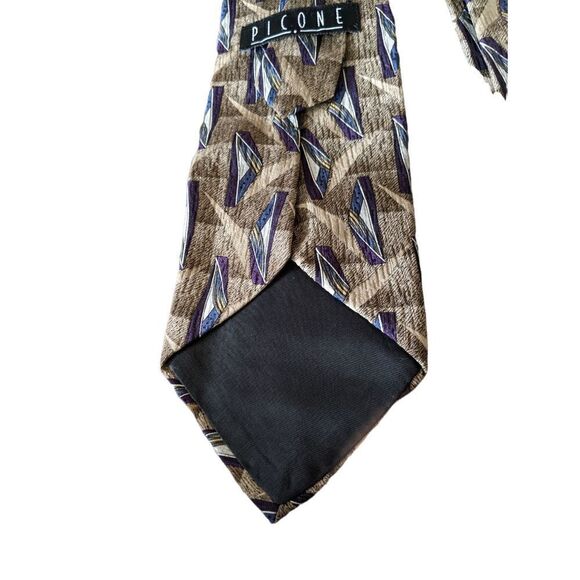 Pinecone Brown Tan Silver Blue & Purple Abstract Pattern 100% Silk Tie Len:59.5" - Picture 2 of 7